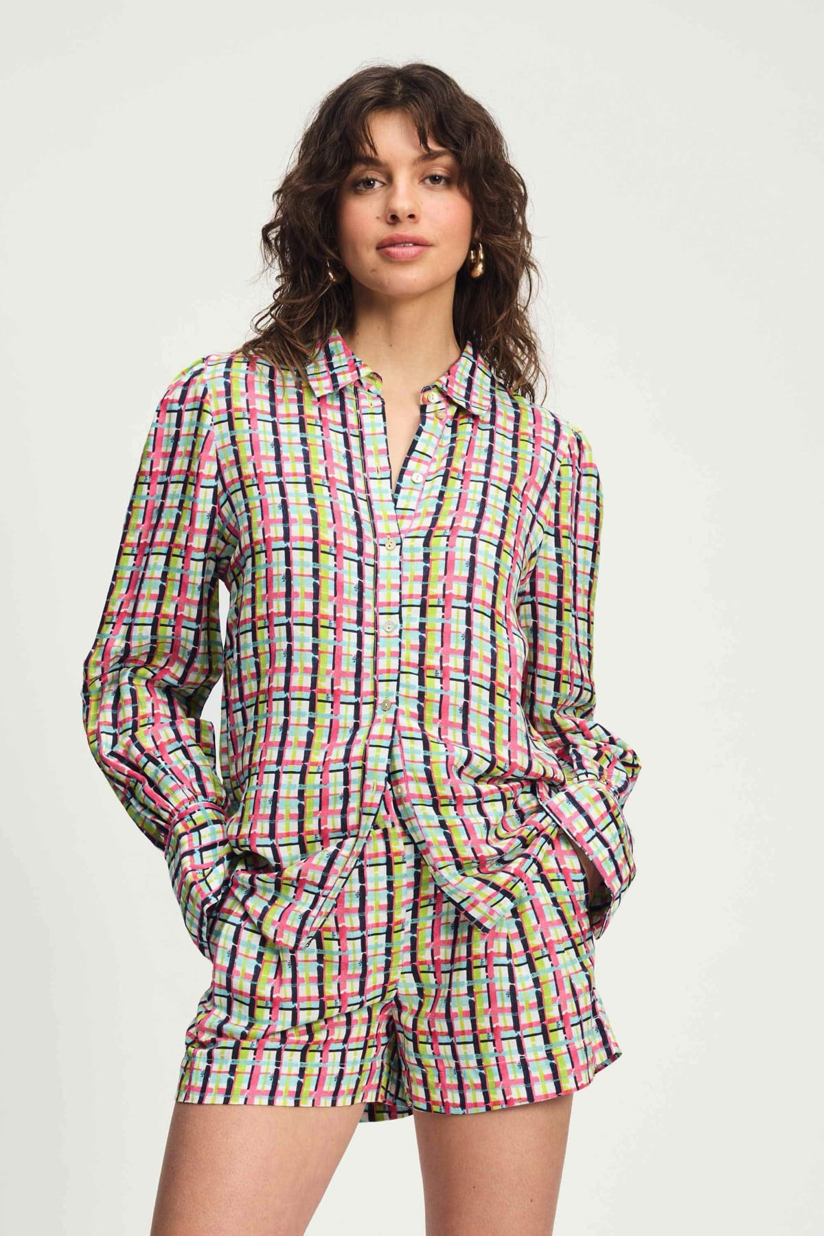 Bluse - Brushwork Check Linen Multi colour Bluse POM Amsterdam