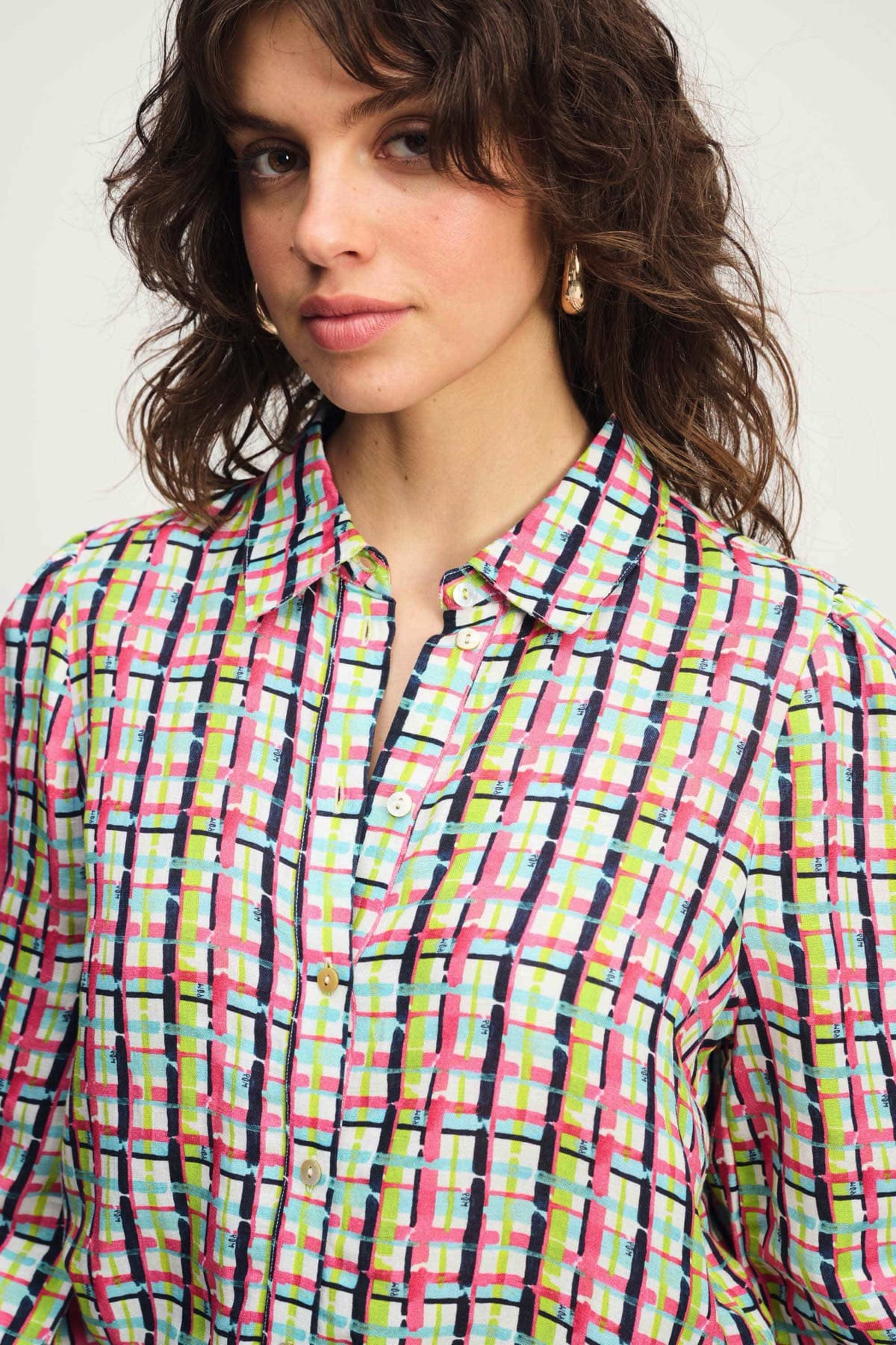 Bluse - Brushwork Check Linen Multi colour Bluse POM Amsterdam