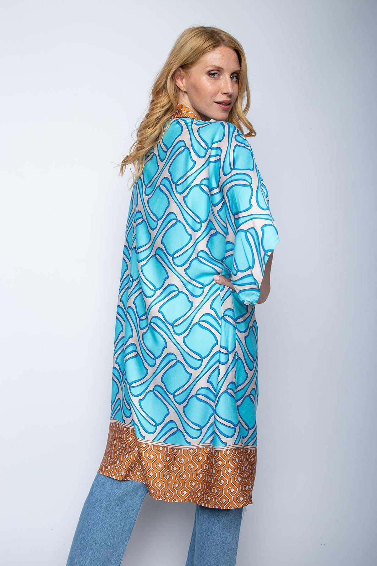 Damenkimono aqua cognac border Kimono Emily van den Bergh
