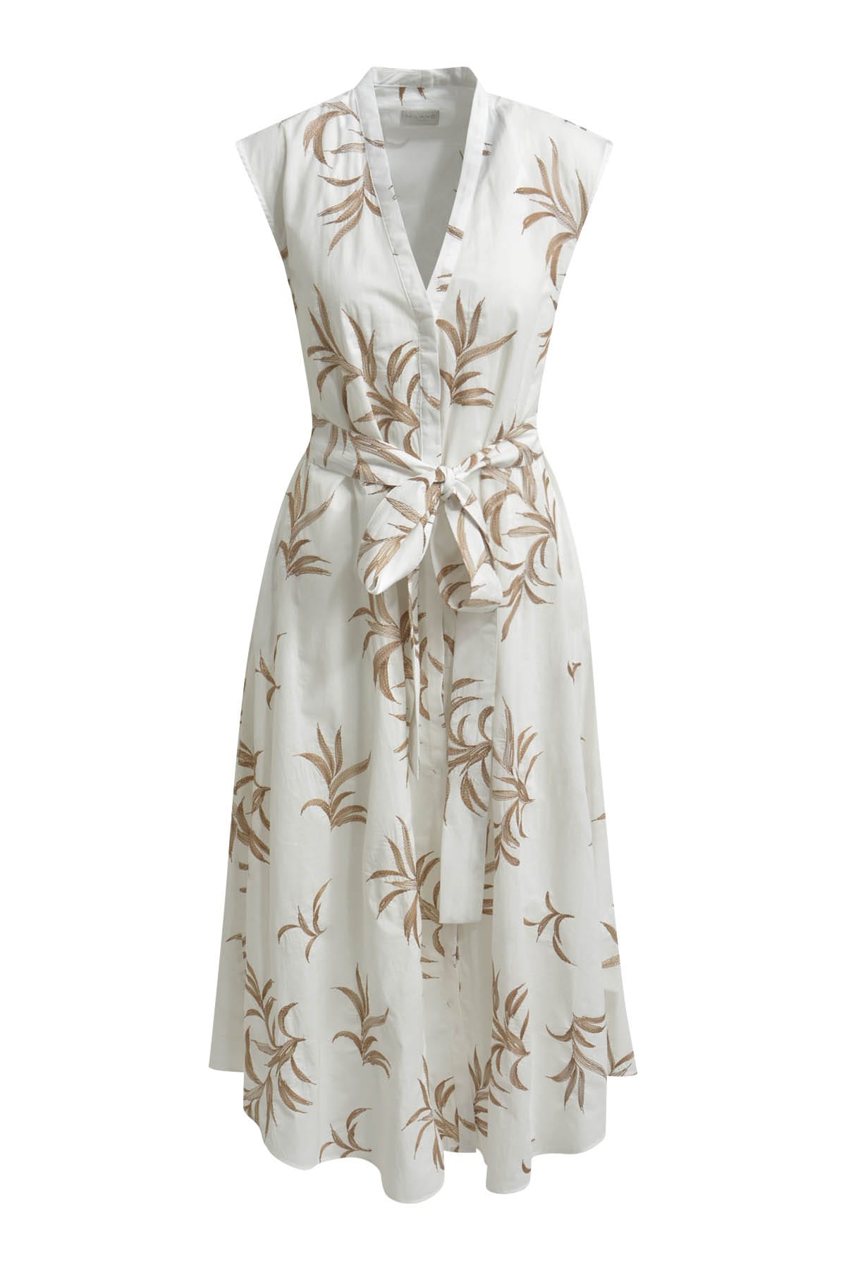 Kleid sleevless w n-neck, placket + belt white print Kleid Milano