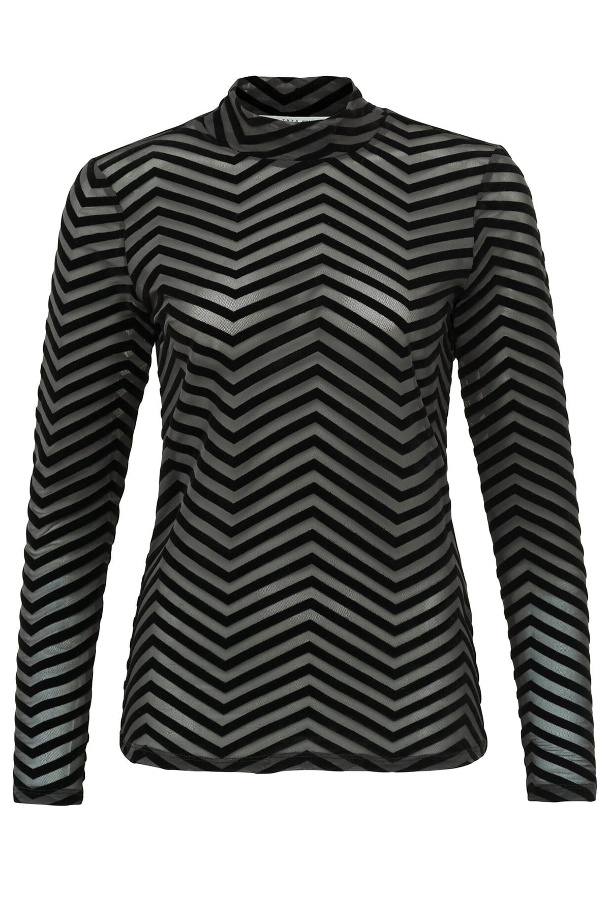 Langärmeliges Mesh-Oberteil mit Stehkragen und Samtmuster Phantom Dessin Longsleeve YAYA
