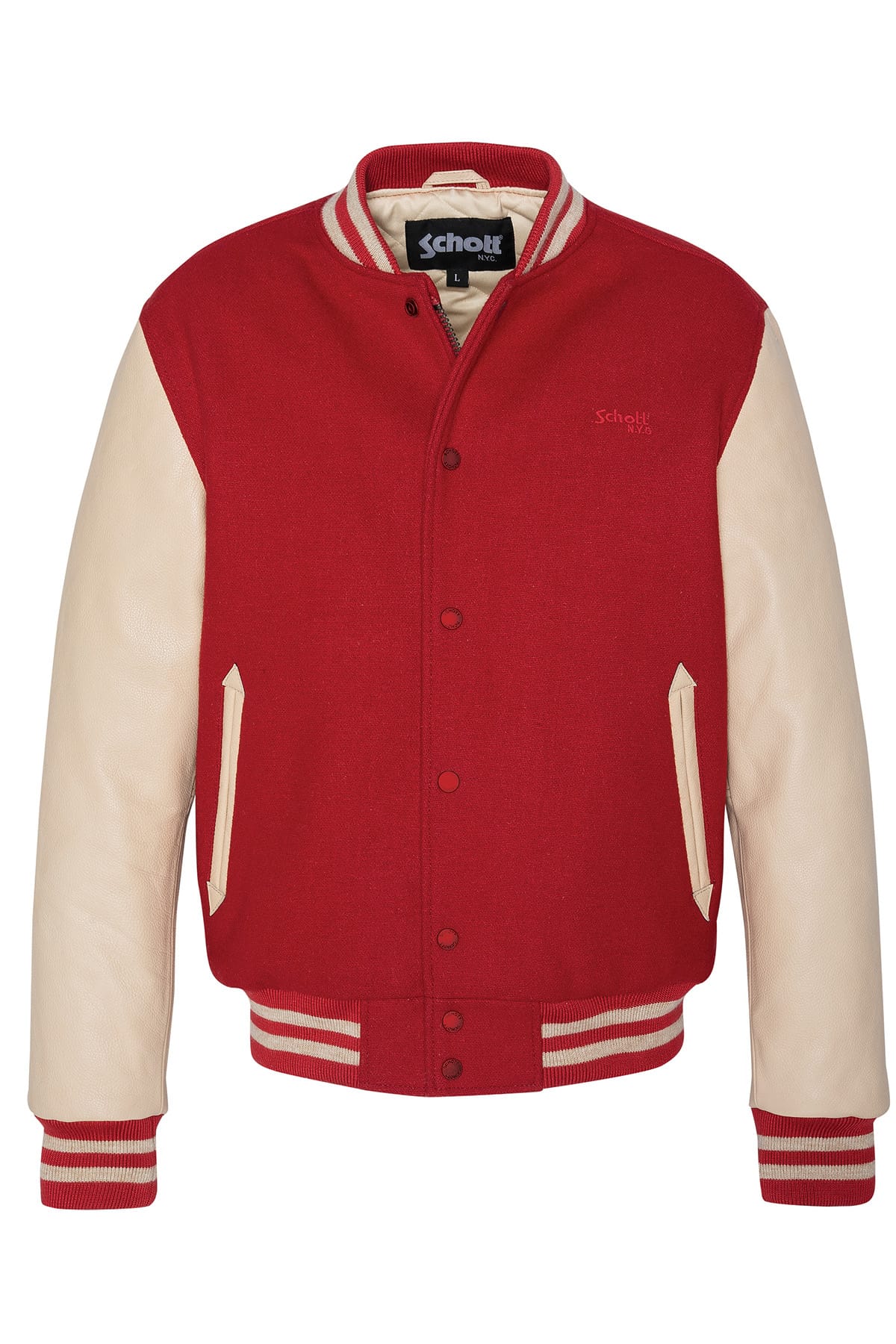 Dunkelrote Collegejacke mit beigen Lederärmeln Red Beige Jacken Schott