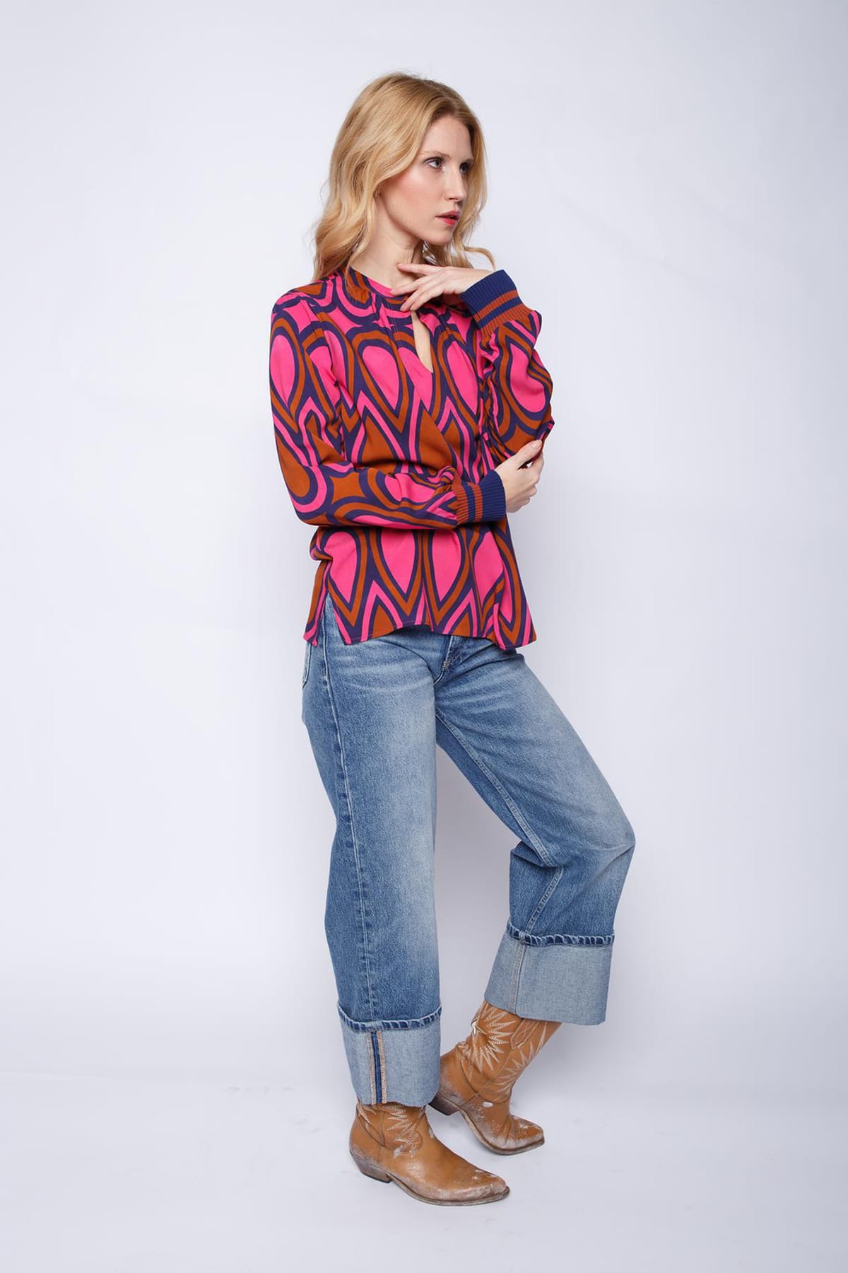 Fließende, gemusterte Bluse mit Stehkragen brown pink Blusen Emily van den Bergh