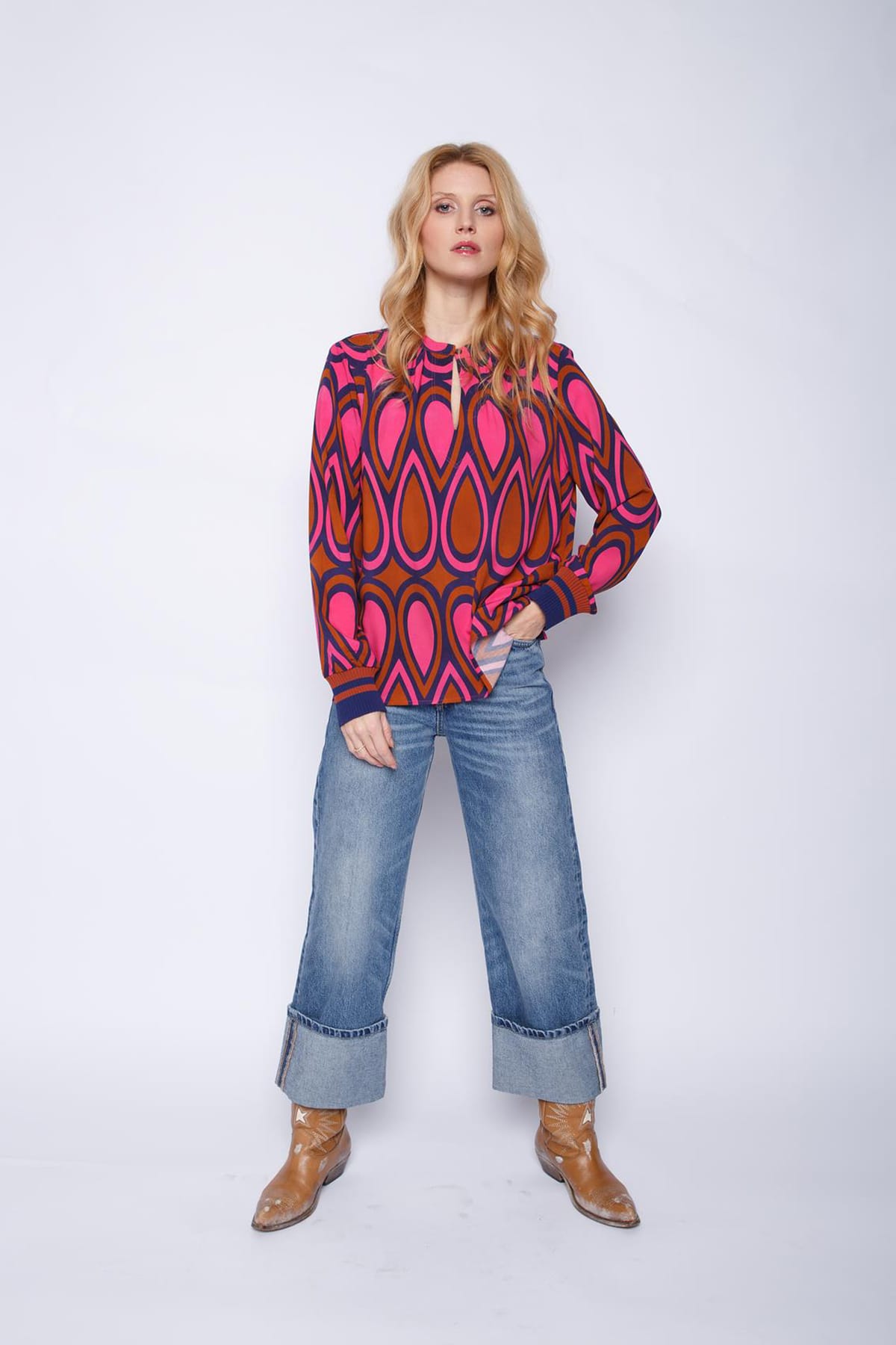Fließende, gemusterte Bluse mit Stehkragen brown pink Blusen Emily van den Bergh