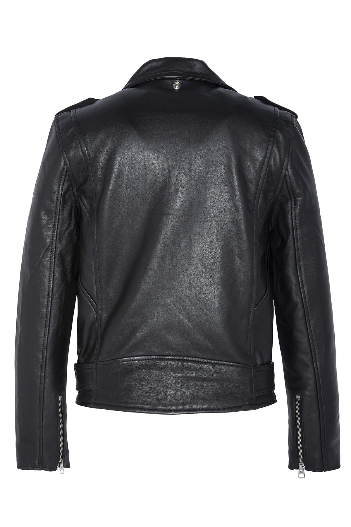 Schwarze Lederjacke mit Gürtel uns silbernem Reißverschluss Black Jacken Schott