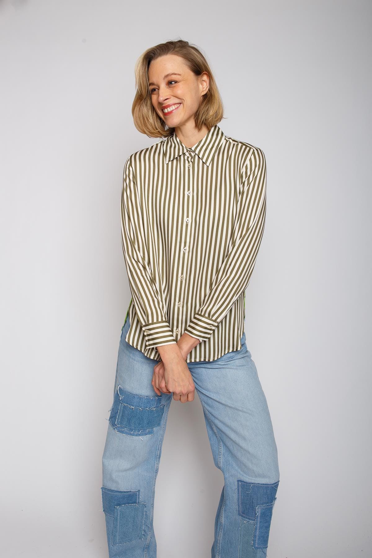 Bluse Damenbluse Kontrastware khaki stripe Bluse Emily van den Bergh 