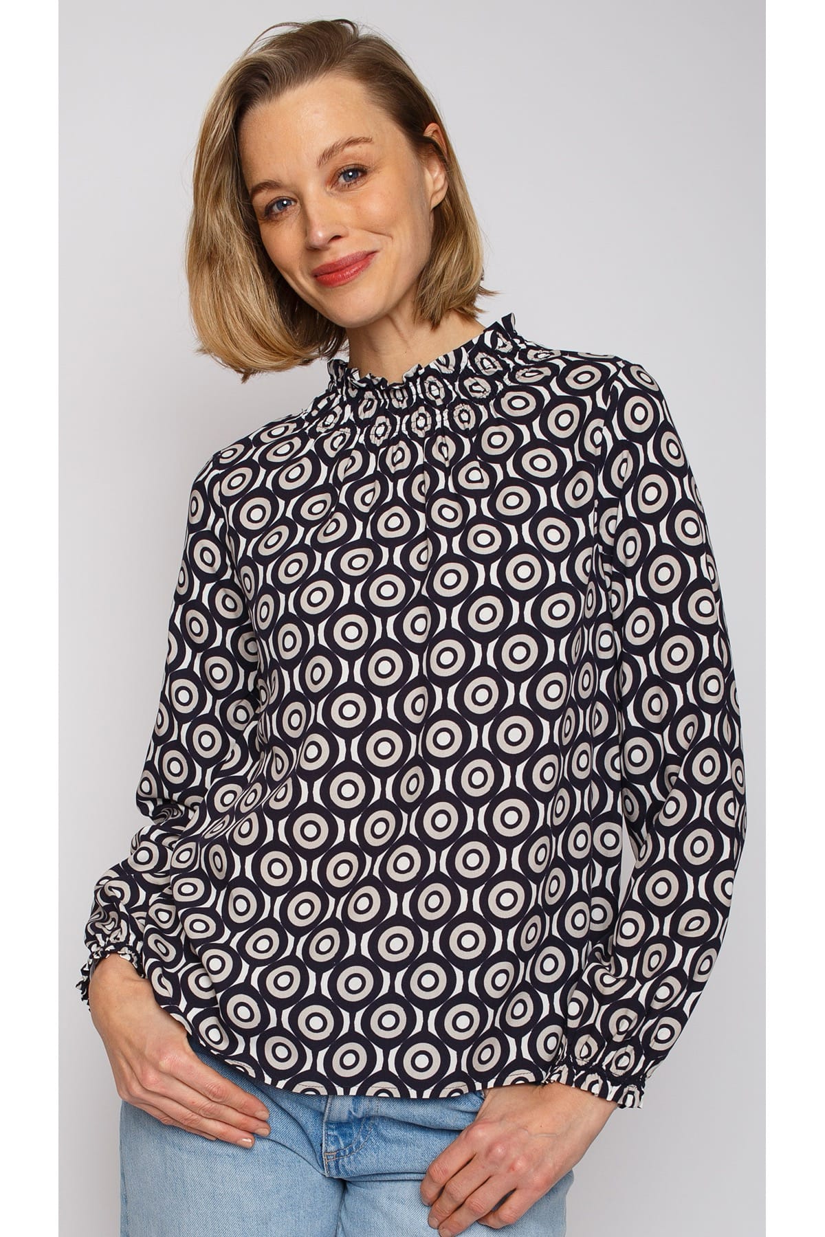 Bluse mit Smoke Detail am Kragen navy taupe dots Bluse Emily van den Bergh 