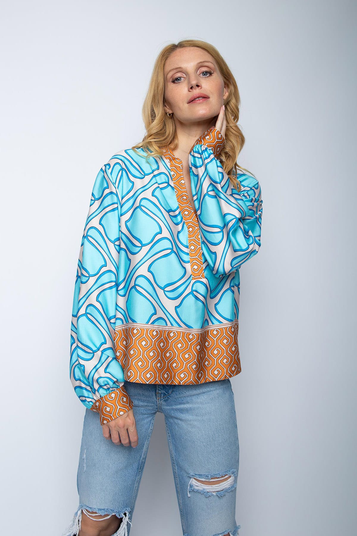 Damenbluse aqua cognac border Bluse Emily van den Bergh 
