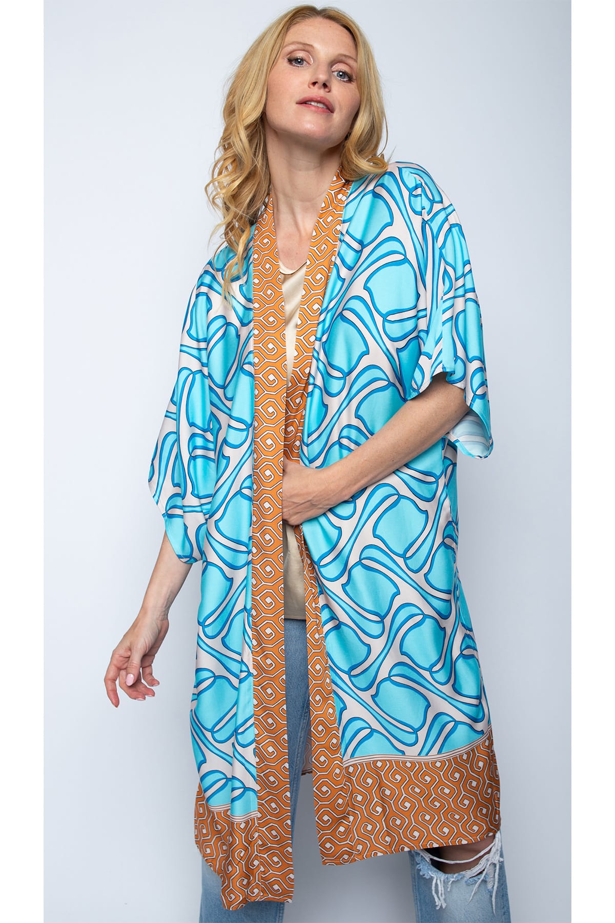 Damenkimono aqua cognac border Kimono Emily van den Bergh 