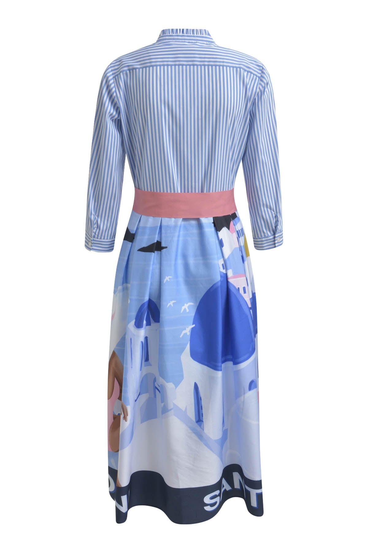 Kleid Blusenkleid mit weitem Rock und Bindegürtel santorini print Kleid Milano 