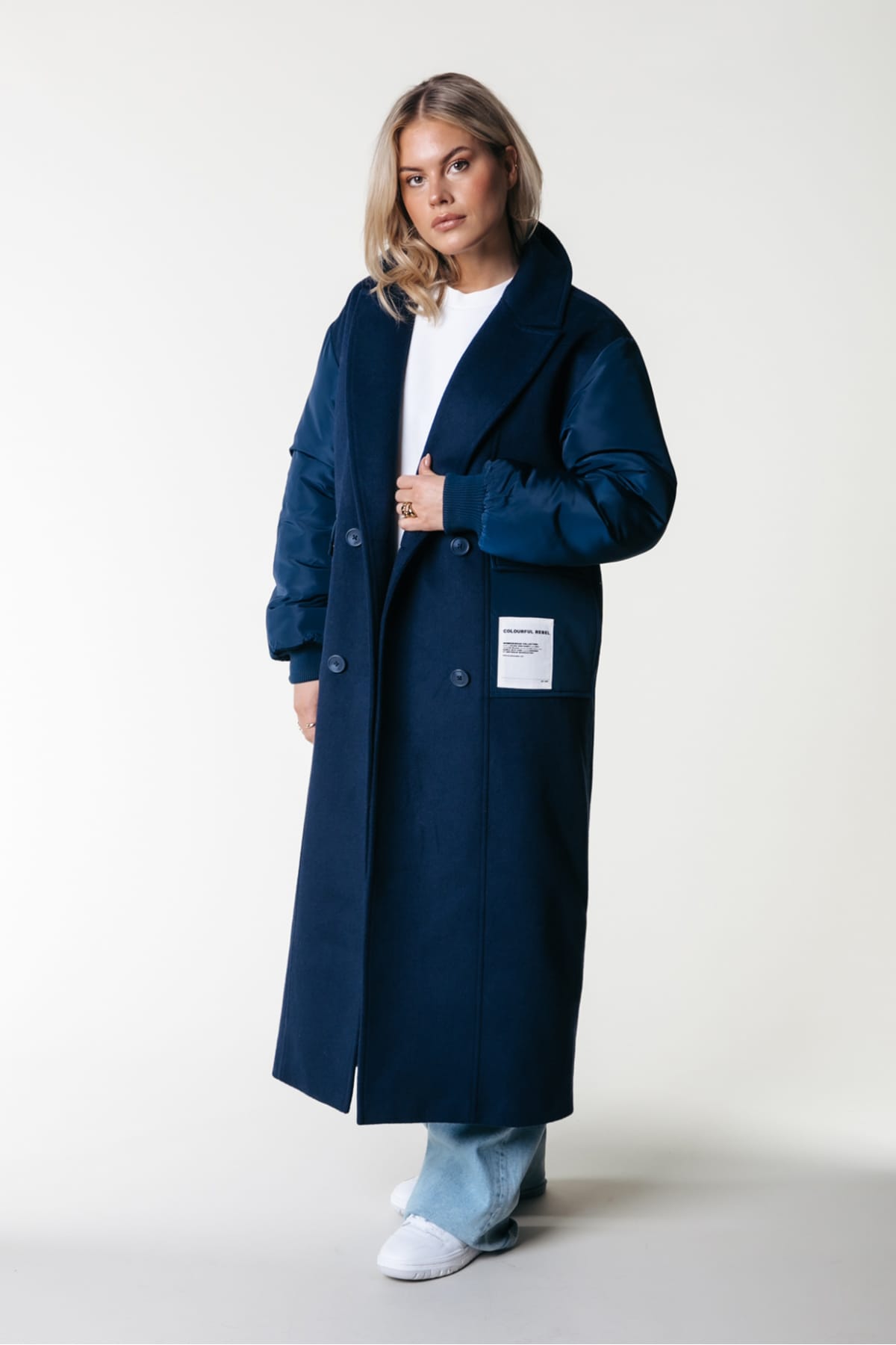 Mantel Ada Contrast Wool Long Coat Navy Mantel Colourful Rebel 