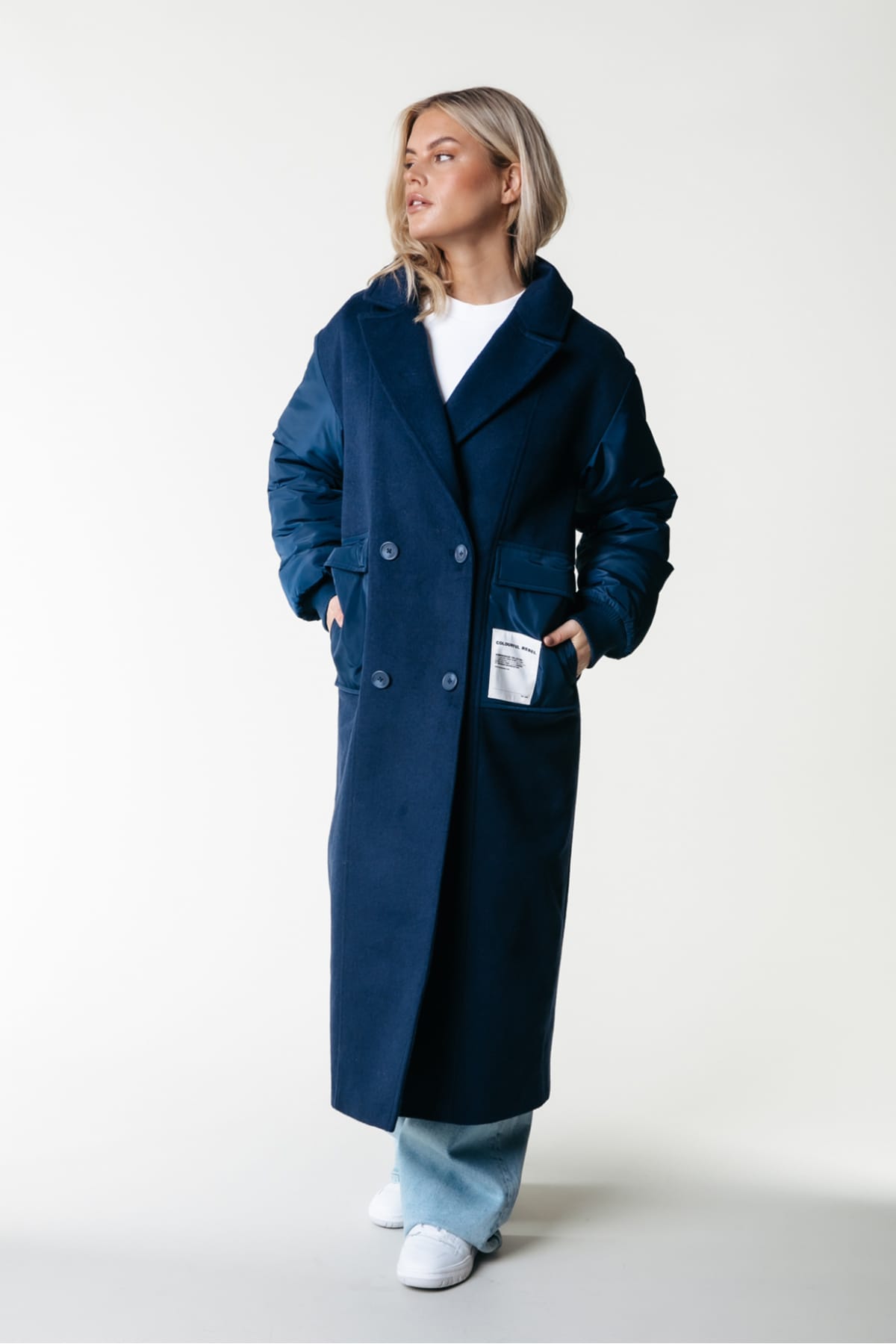 Mantel Ada Contrast Wool Long Coat Navy Mantel Colourful Rebel 