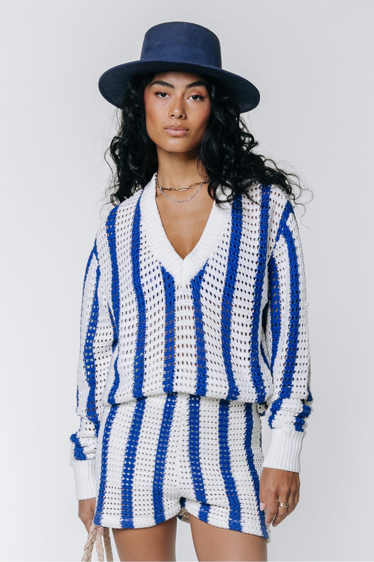 Pullover Lizza Crochet Stripe V-Neck Sweater Deep Blue Pullover Colourful Rebel 