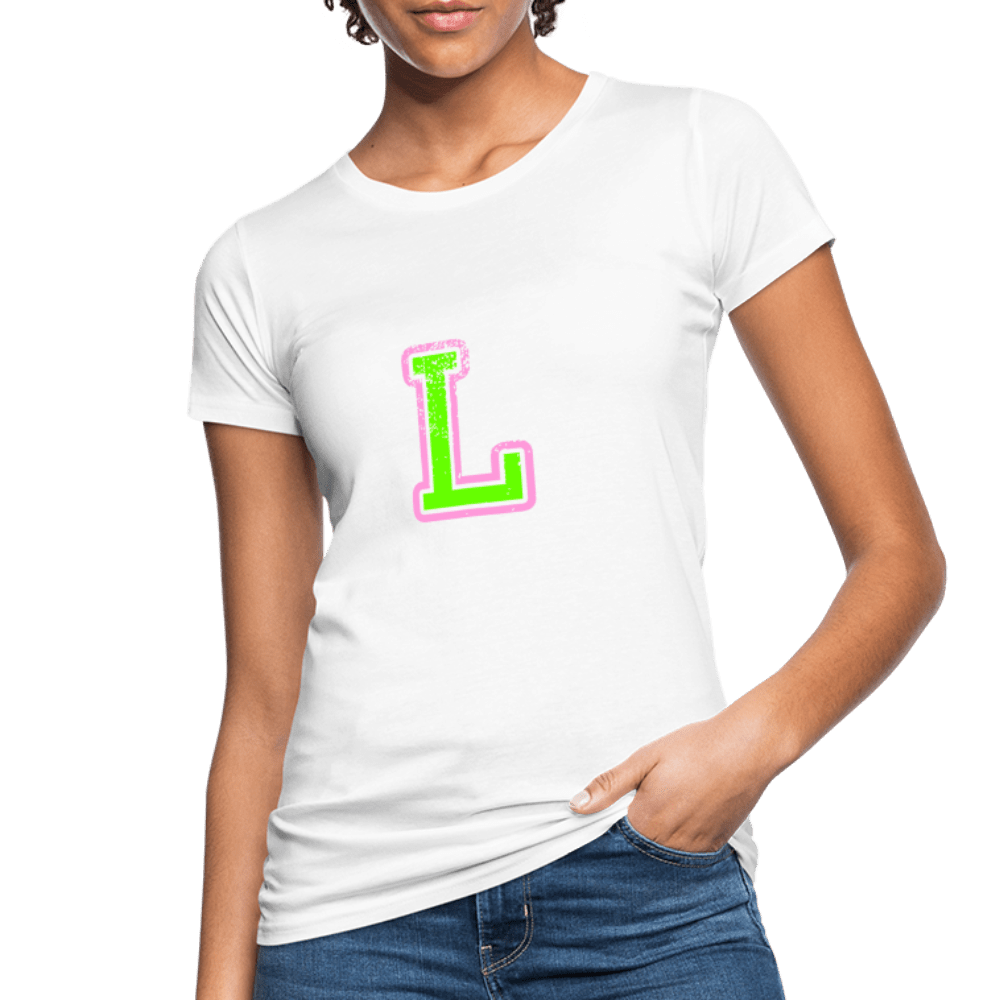Damen T-Shirt aus Bio-Baumwolle mit L Print im College Stil rosa/grün Women's Organic T-Shirt | Continental Clothing SPOD 