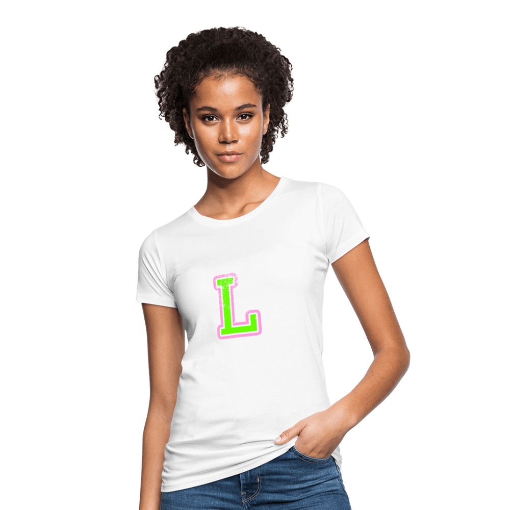 Damen T-Shirt aus Bio-Baumwolle mit L Print im College Stil rosa/grün Women's Organic T-Shirt | Continental Clothing SPOD white S 