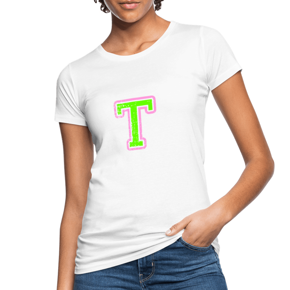 Damen T-Shirt aus Bio-Baumwolle mit T Print im College Stil rosa/grün Women's Organic T-Shirt | Continental Clothing SPOD 