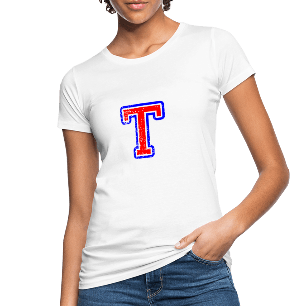 Damen T-Shirt aus Bio-Baumwolle mit T Print im College Stil rot/blau Women's Organic T-Shirt | Continental Clothing SPOD white S 