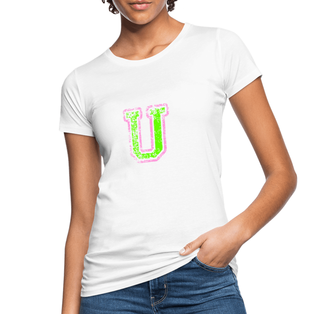 Damen T-Shirt aus Bio-Baumwolle mit U Print im College Stil rosa/grün Women's Organic T-Shirt | Continental Clothing SPOD white S 