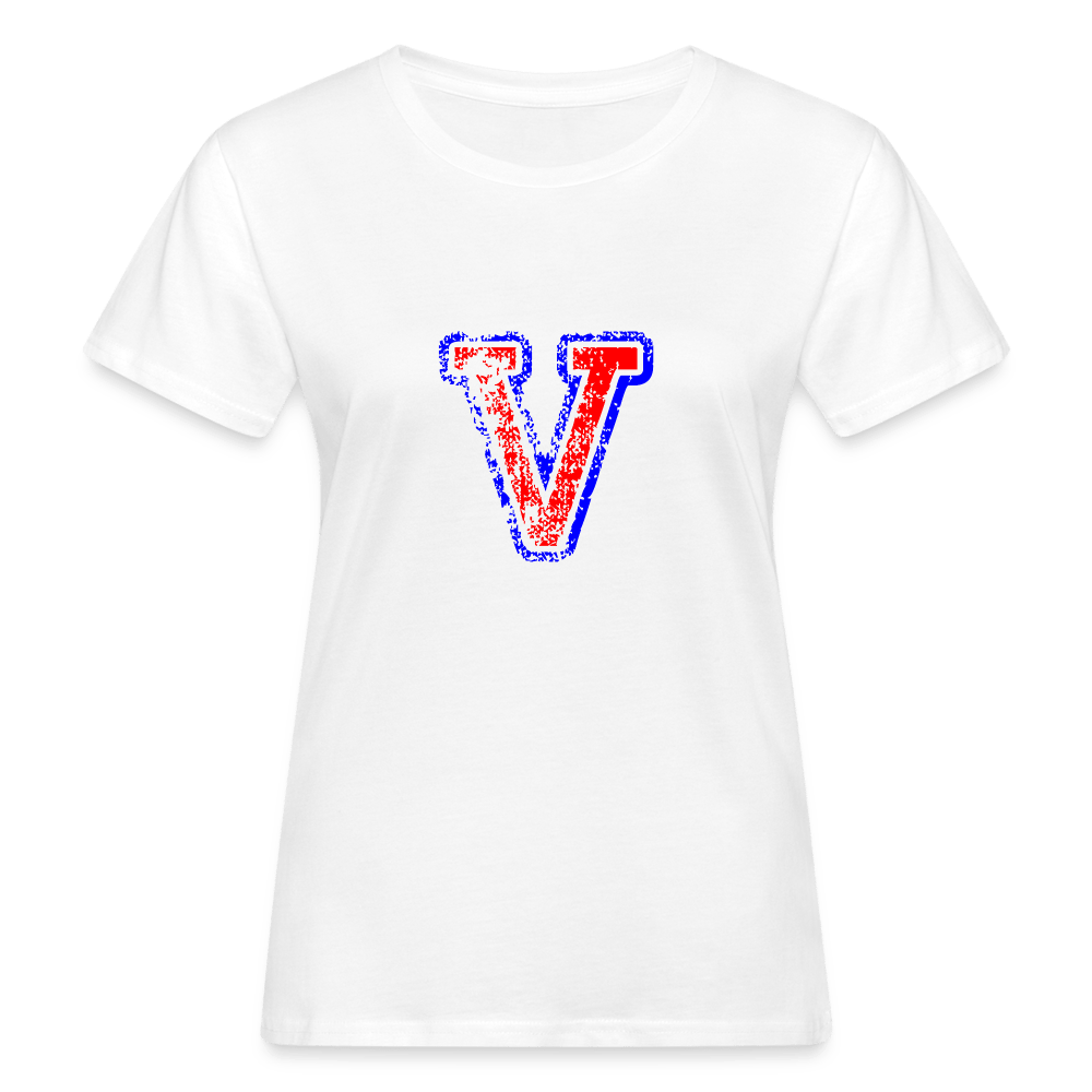 Damen T-Shirt aus Bio-Baumwolle mit V Print im College Stil rot/blau Women's Organic T-Shirt | Continental Clothing SPOD white S 