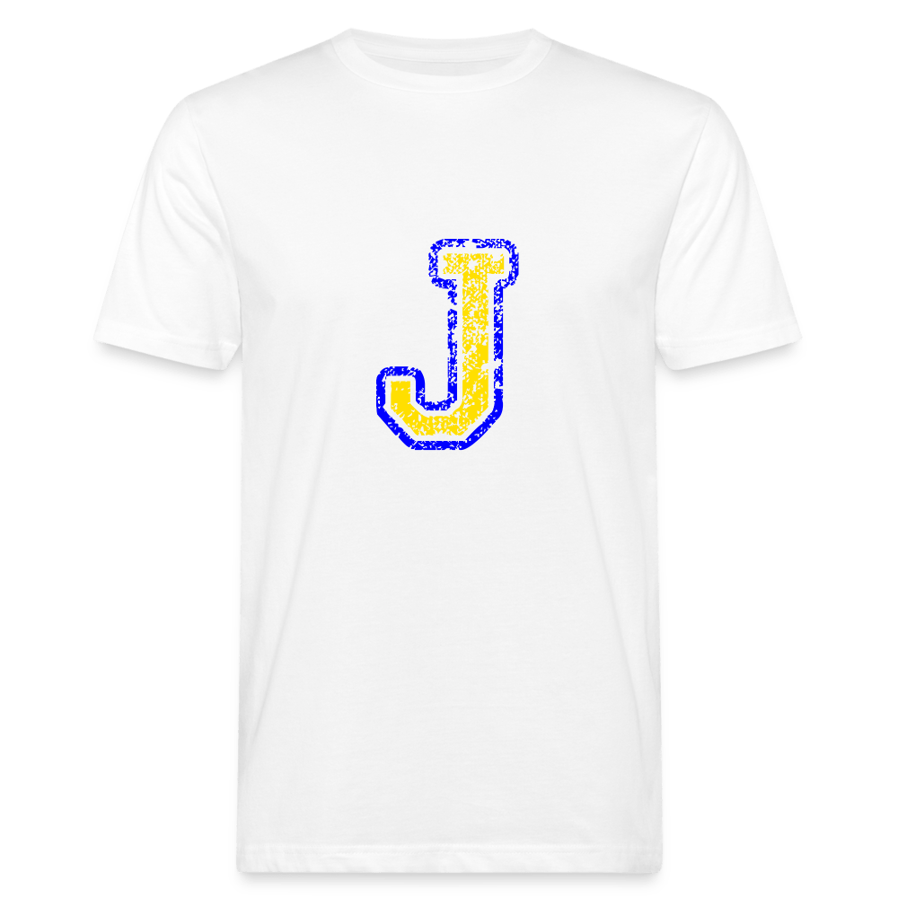 Herren T-Shirt aus Bio-Baumwolle mit J Print im College Stil blau/gelb Men's Organic T-Shirt | Continental Clothing SPOD white M 