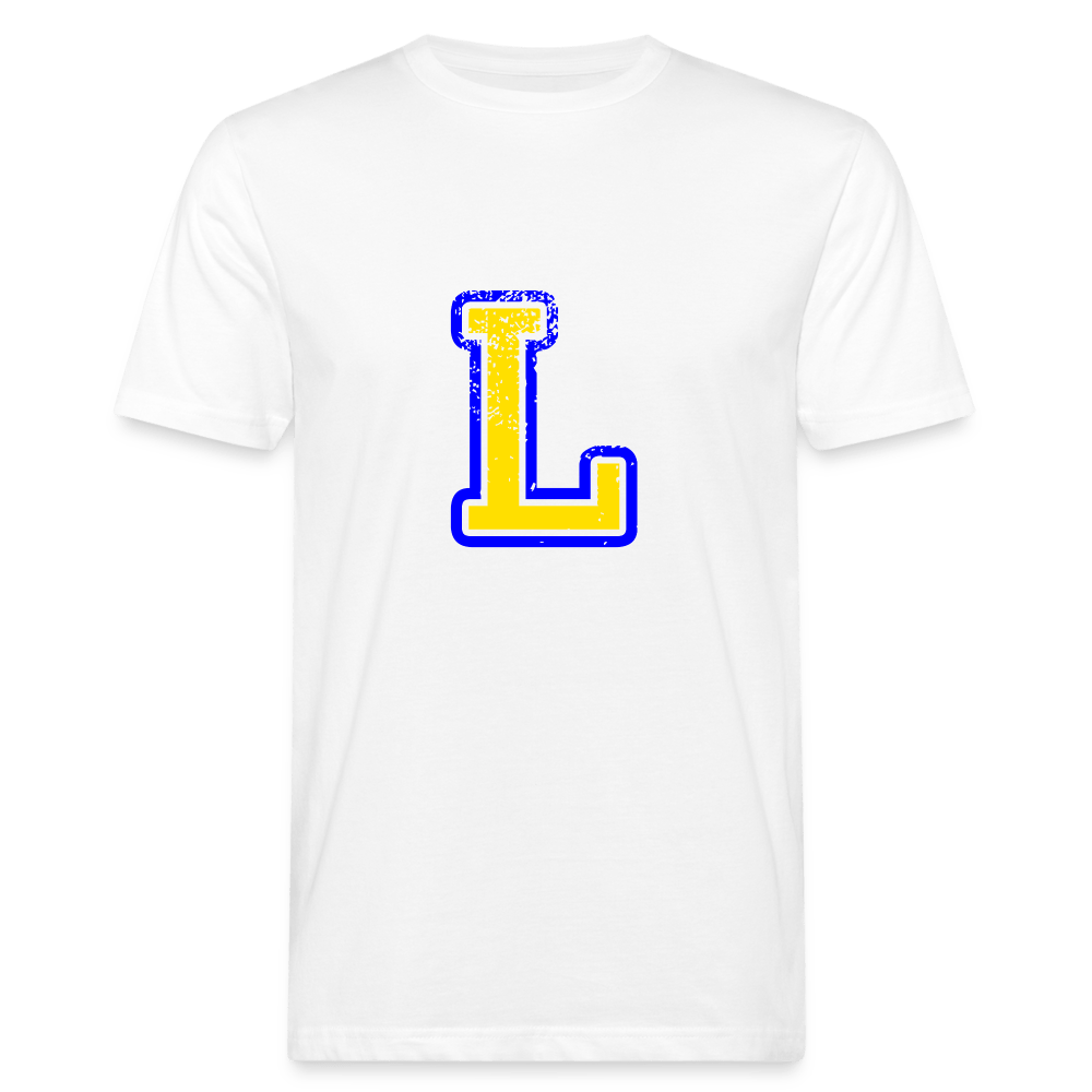 Herren T-Shirt aus Bio-Baumwolle mit L Print im College Stil blau/gelb Men's Organic T-Shirt | Continental Clothing SPOD white M 