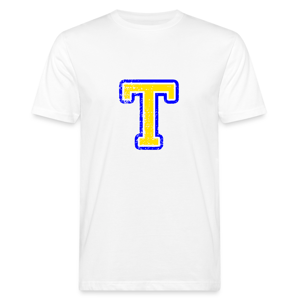 Herren T-Shirt aus Bio-Baumwolle mit T Print im College Stil blau/gelb Men's Organic T-Shirt | Continental Clothing SPOD white M 