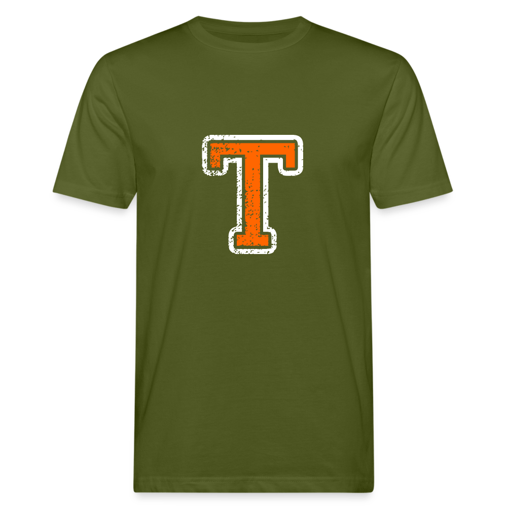 Herren T-Shirt aus Bio-Baumwolle mit T Print im College Stil weiß/orange Men's Organic T-Shirt | Continental Clothing SPOD moss green M 