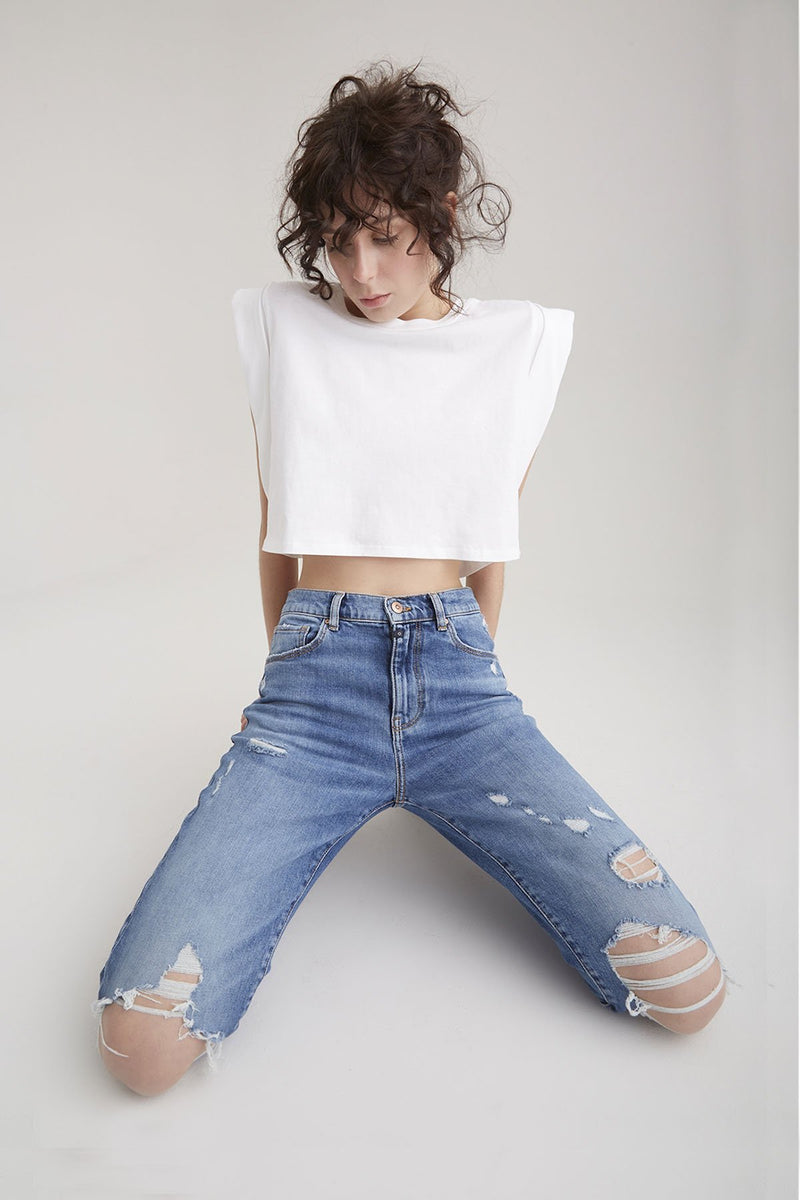 MOM Jeans Relaxed Fit Lynn Blue Destroyed Jeans C.O.J - Cup of Joe Denim 